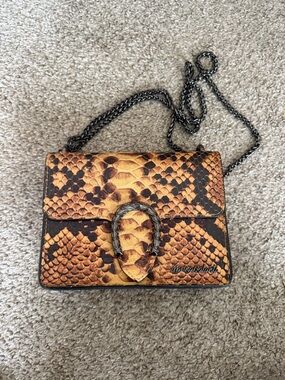 Snake-Print Mini Crossbody Bag in Brown and Tan